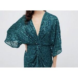 ASOS Sequin Mini Dress Women Size 4 Teal Excellent Deep V-Neck Wrap Cocktail